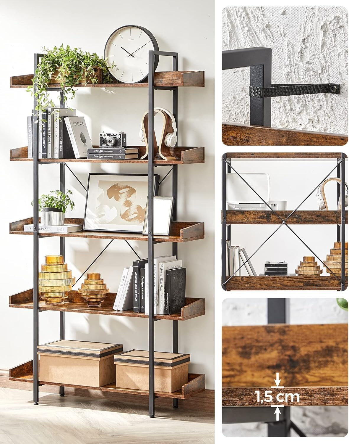 5-Tier Industrial Bookcase Shelving Unit with Tray Shelves, Rustic Brown & Black