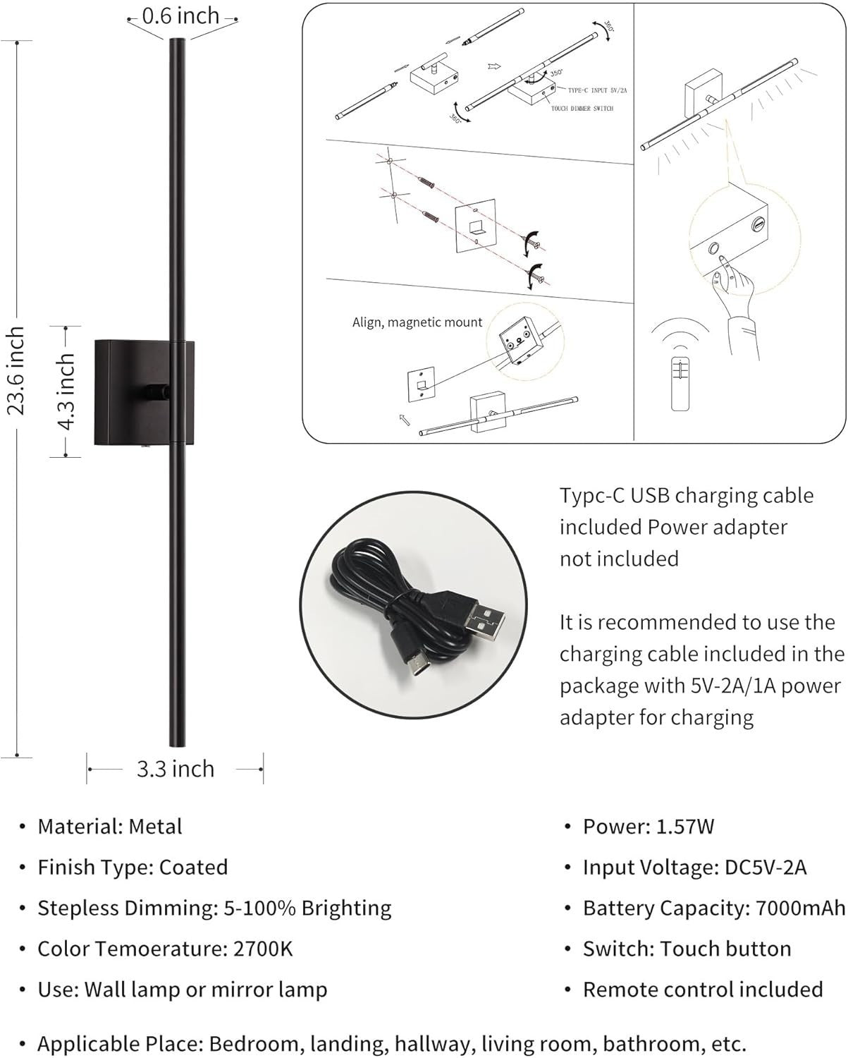 Rechargeable LED Wall Sconces Set of 2, Dimmable, Remote Control, 23.6"