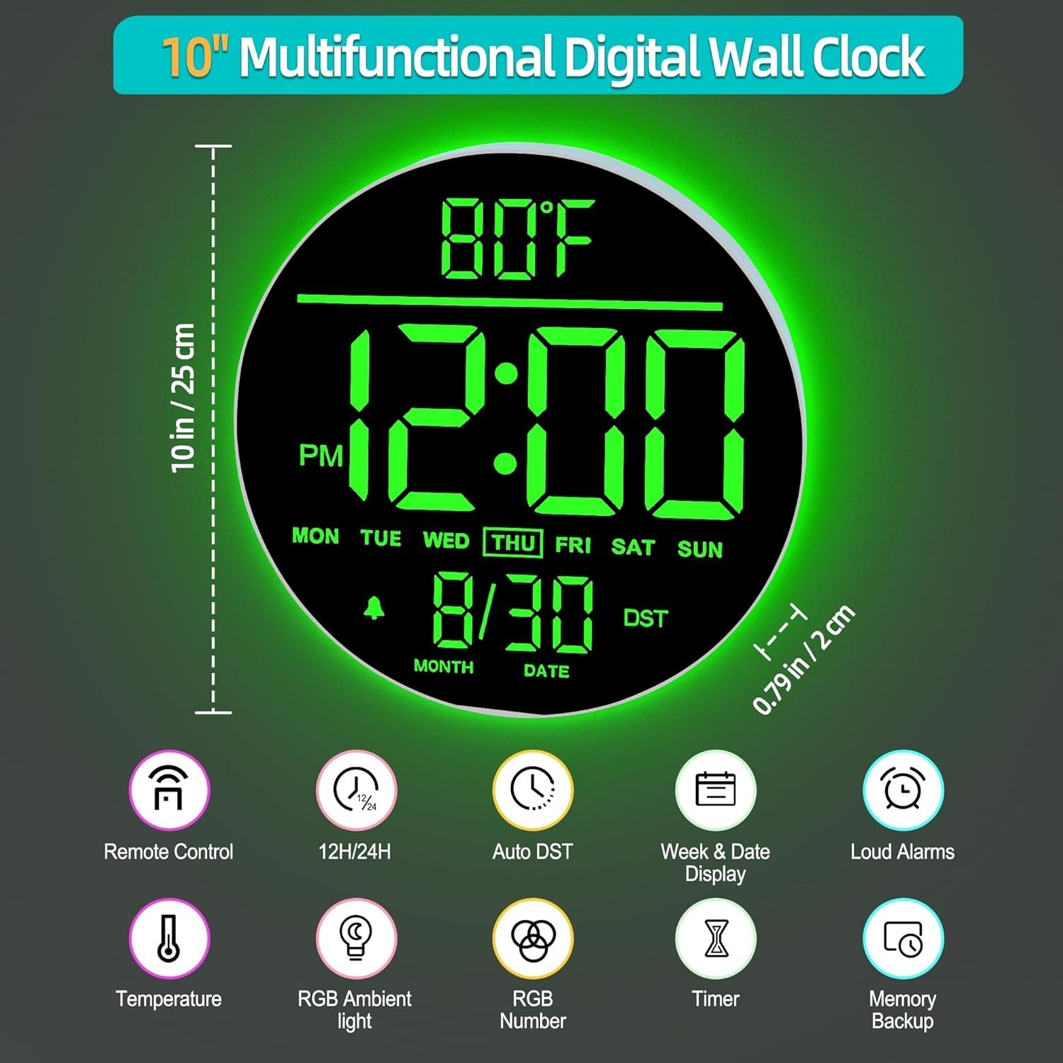 White Green 10in Large Digital Wall Clock RGB LED Remote Auto Bright