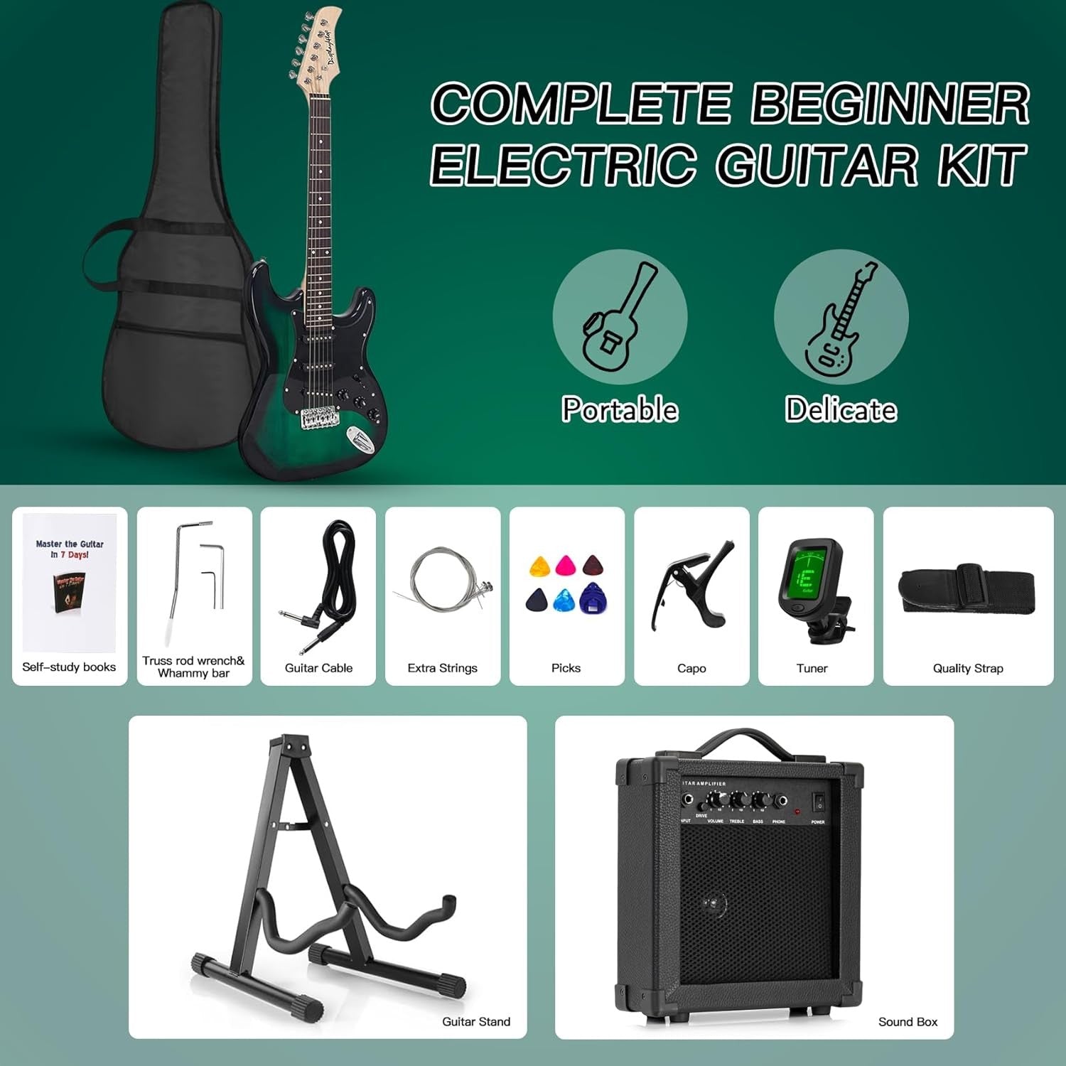 Full Size Electric Guitar Starter Kit Green 6 String w/ Amp & Stand