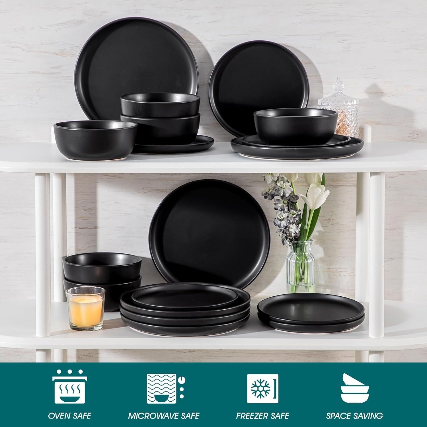36pc Black Stoneware Dinner Set Plates Bowls Matte Finish Service for 12