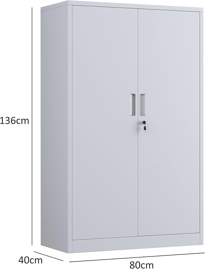 White Metal Storage Cabinet with Lock & 3 Adjustable Shelves Office Cupboard