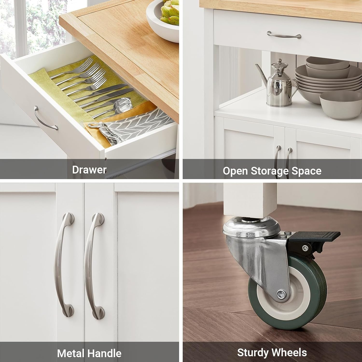 Kitchen Trolley Cart on Wheels Storage Cabinet Rubberwood Top Drawer
