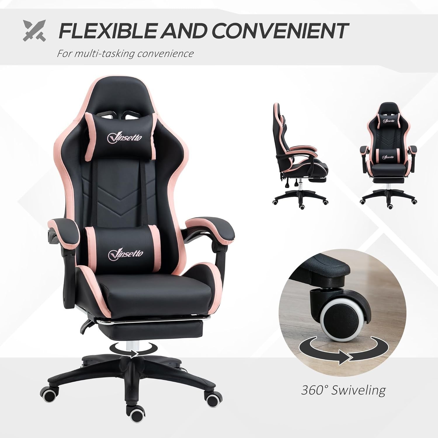 Gaming Chair PU Leather Recliner w/ Footrest 135° Swivel Black Pink