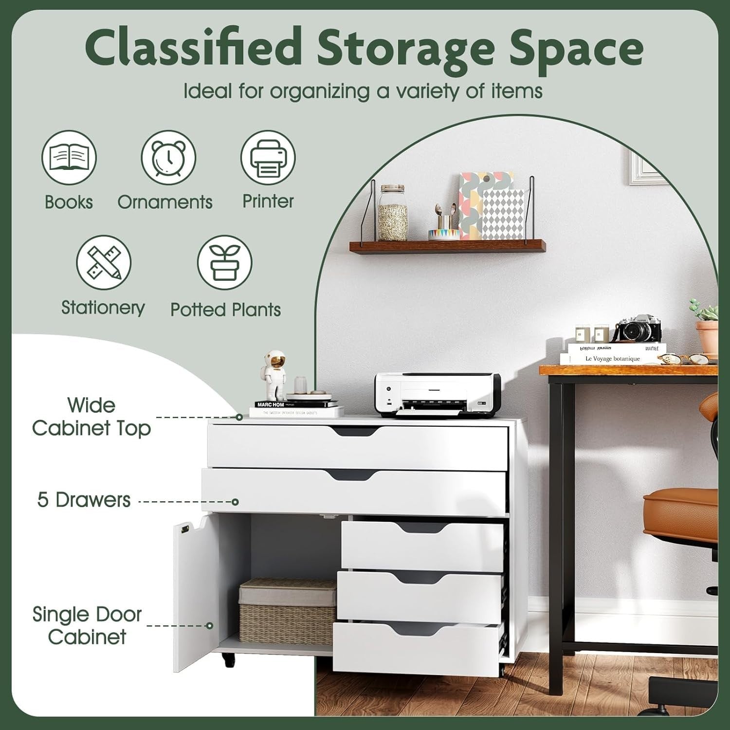 White Mobile File Cabinet 77x40x64cm 5 Drawer Printer Stand