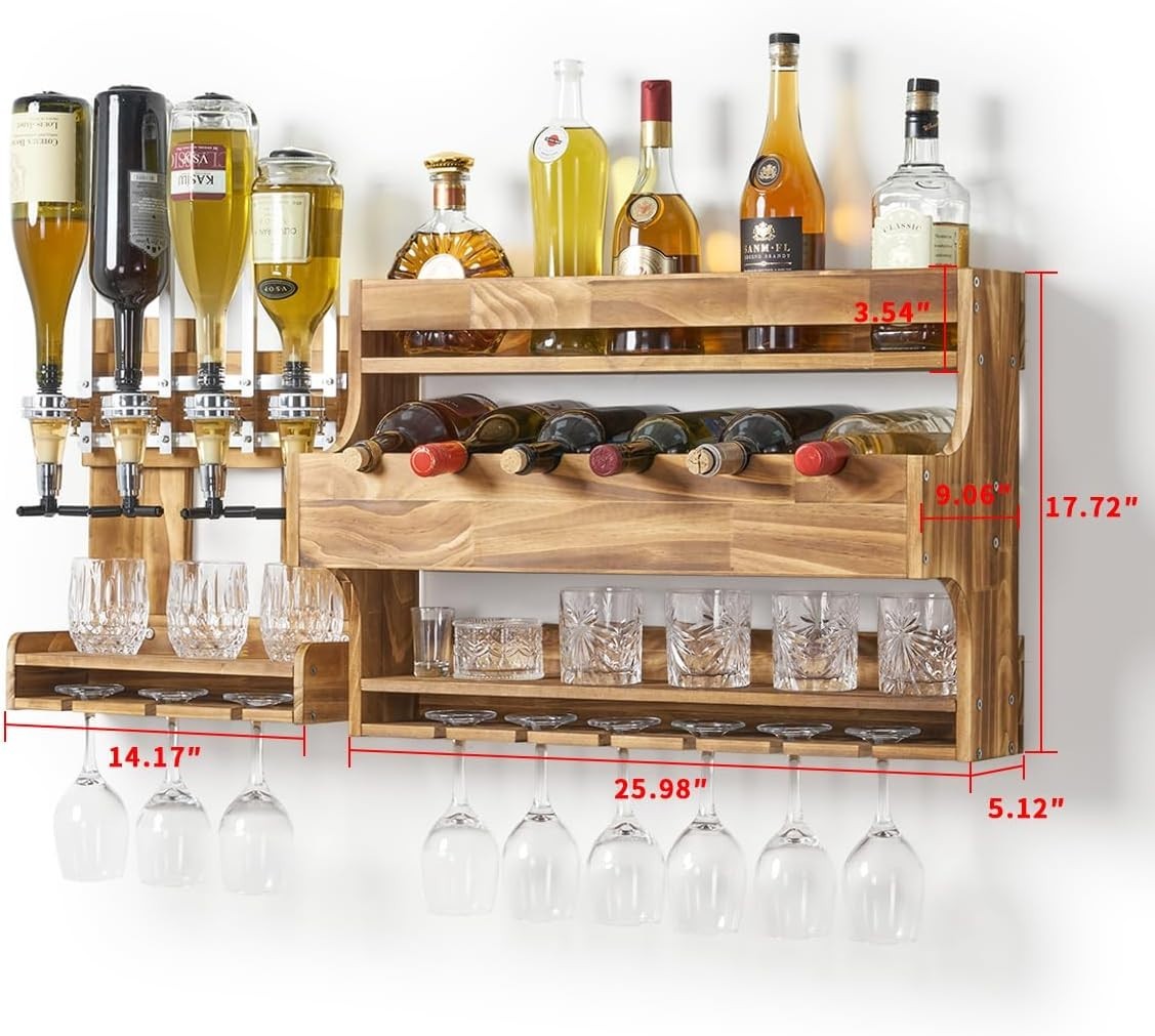 Rustic Wall Mounted Wine & Liquor Rack with Glass Holder – 4 Bottle