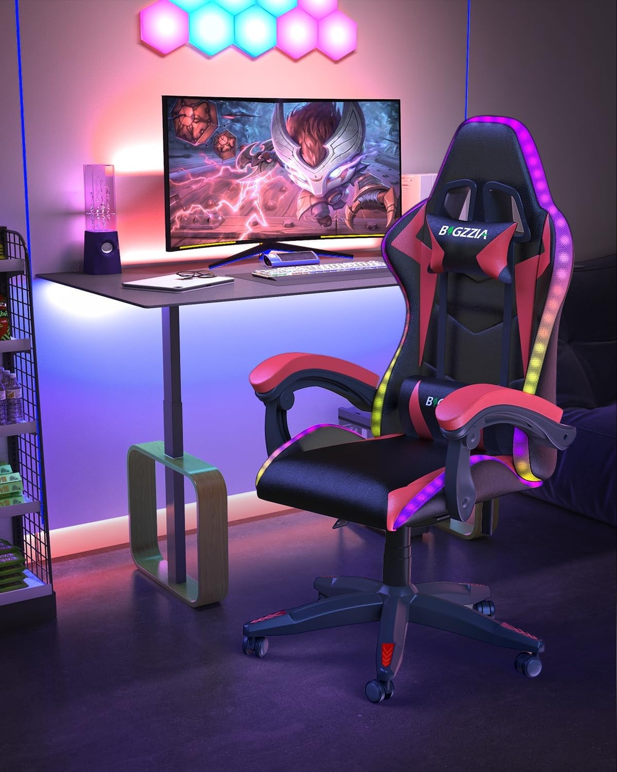 RGB Gaming Chair Recliner Leather w/ Lumbar Headrest