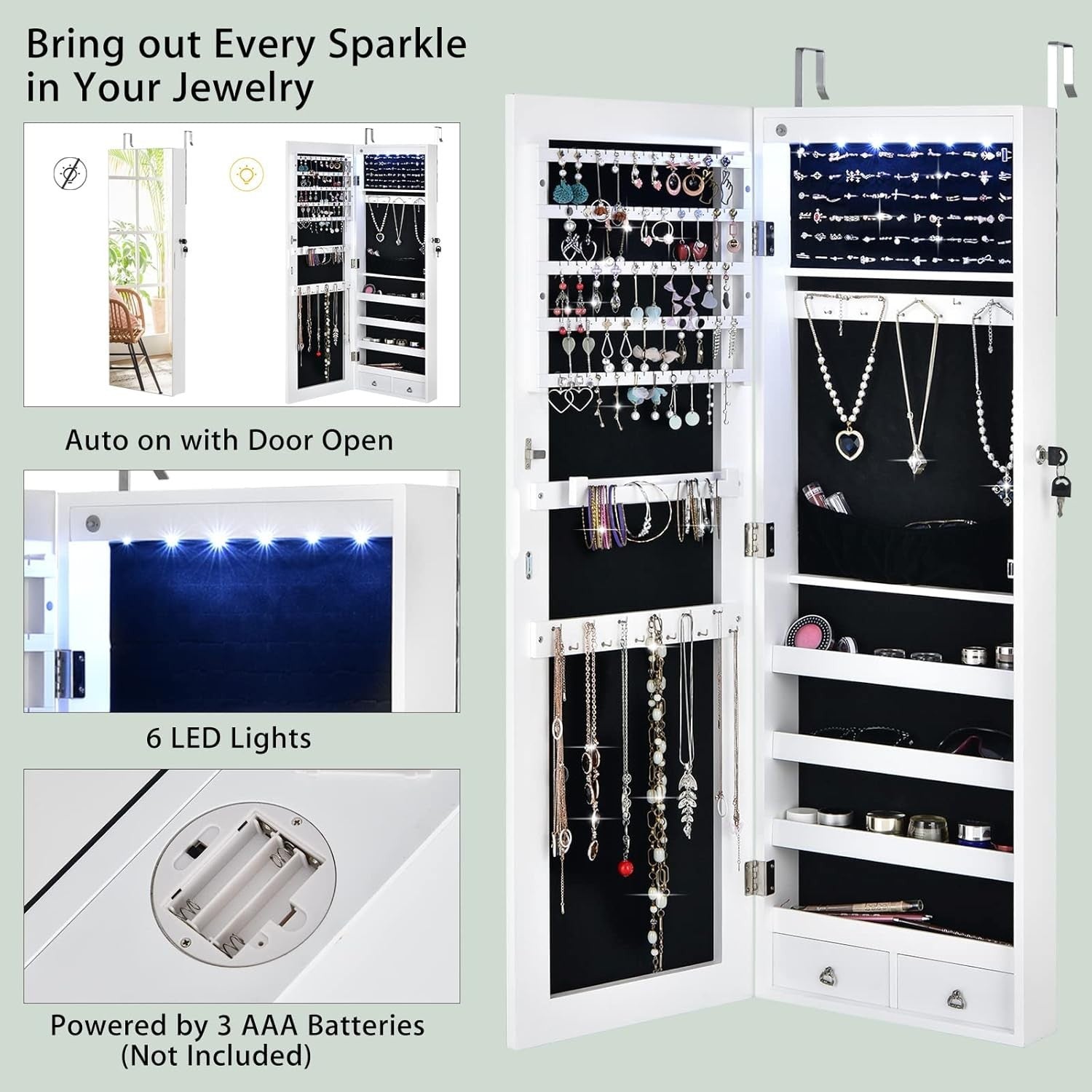 LED Jewelry Armoire Wall Door Mounted Lockable Full Length Mirror White