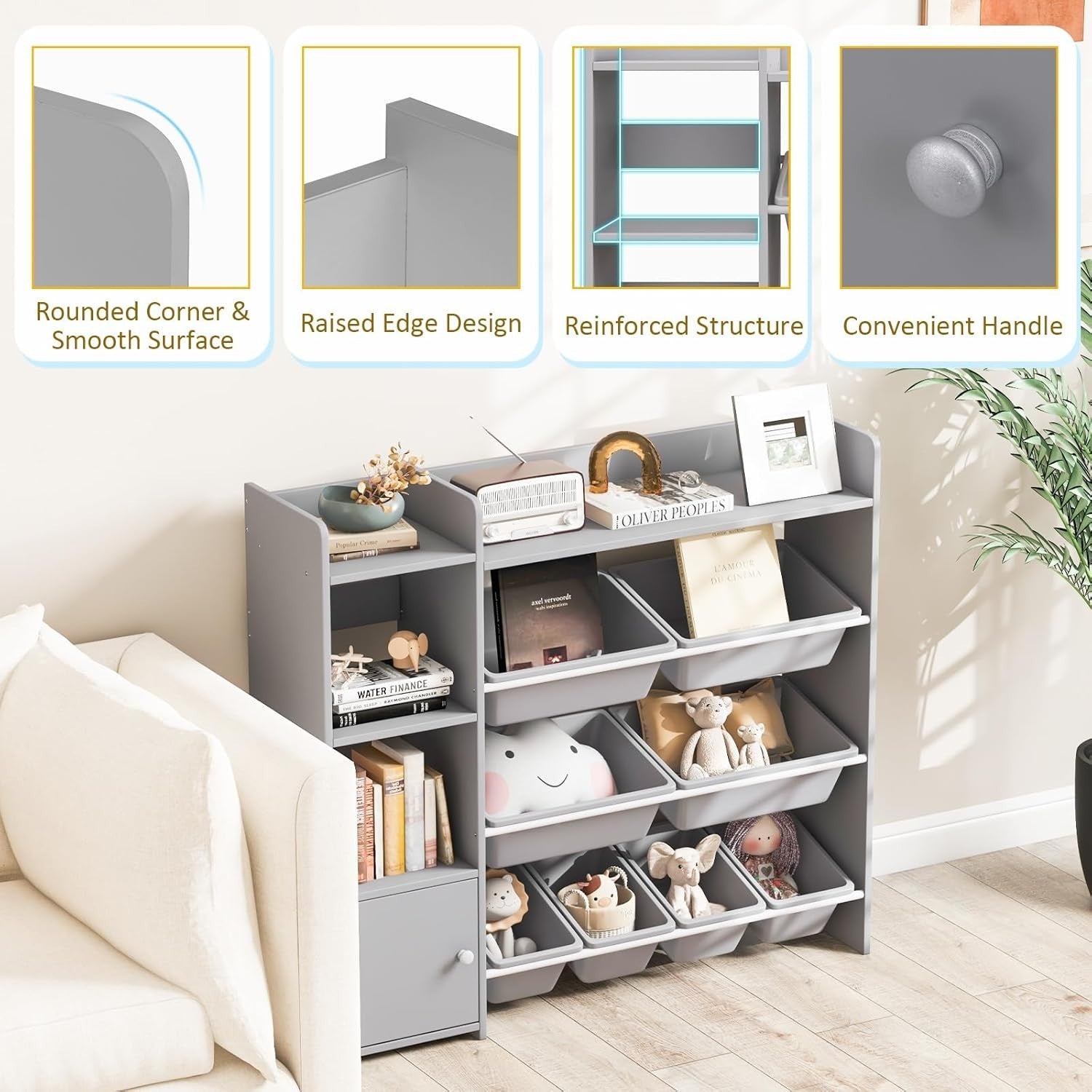 4 Tier Kids Toy Storage Unit with Bins Bookshelf & Cabinet Grey 112x30x100cm