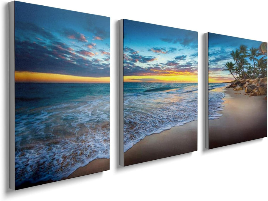 Sunset Beach Wall Art Set of 3 Framed Canvas 12x16in