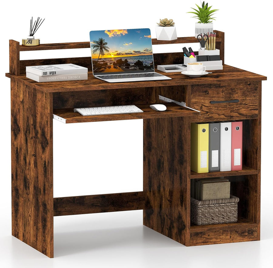 Rustic Brown Computer Desk with Storage Shelves Drawer Keyboard Tray