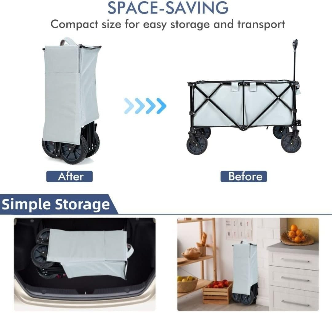 Grey Foldable Wagon Cart Collapsible Garden Trailer w/ Adjustable Handle