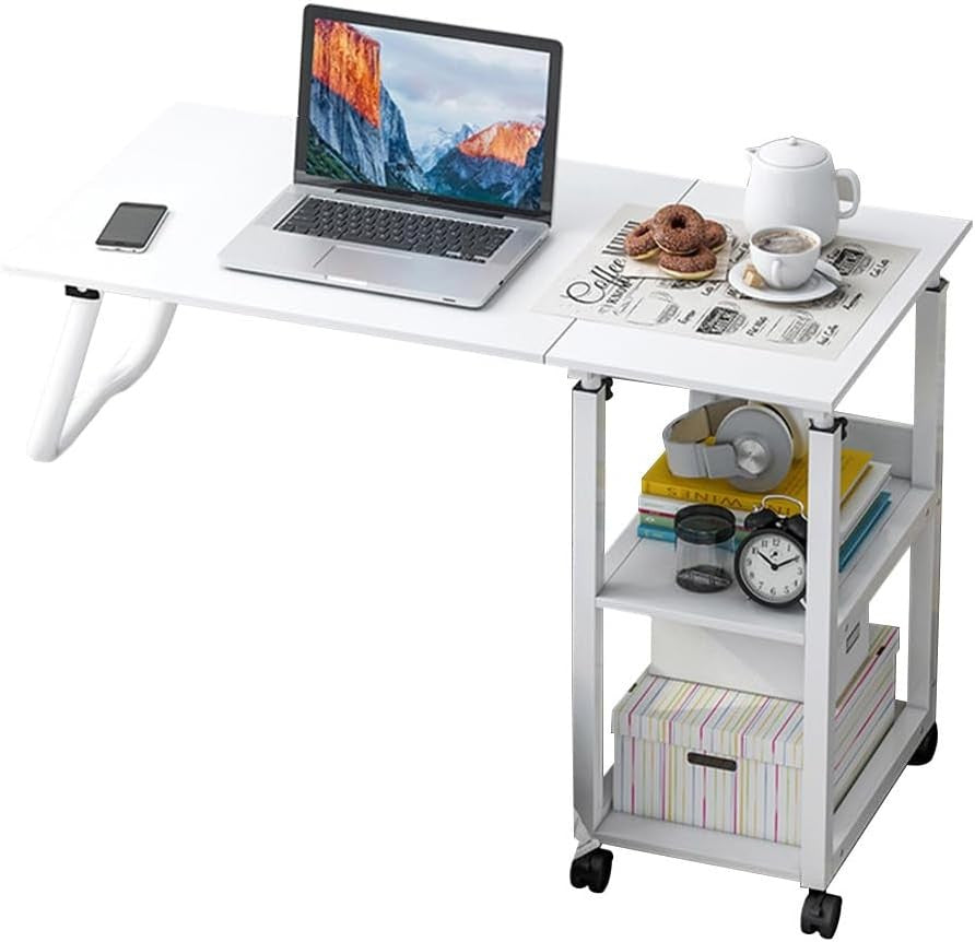 White Overbed Table with Wheels Adjustable Foldable Bedside Laptop Desk