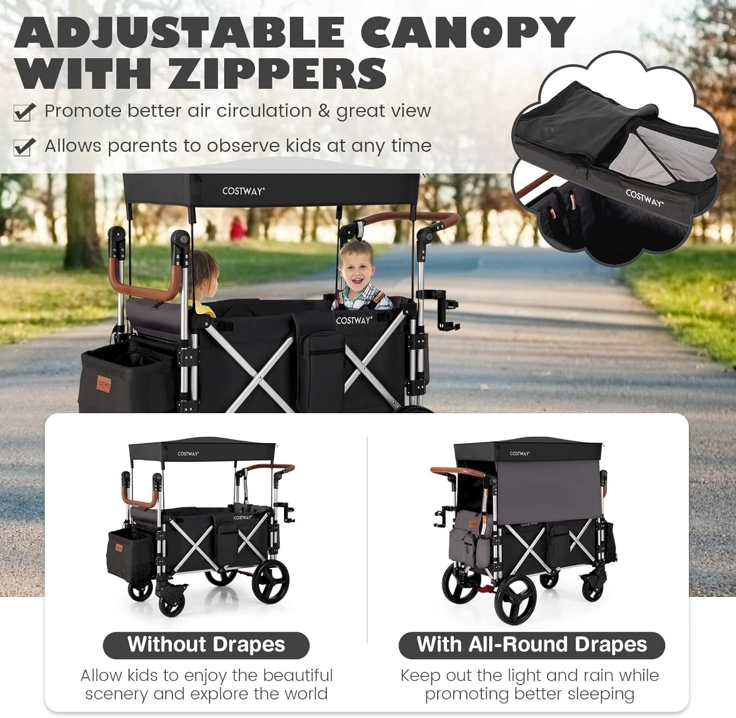 Black Push Pull Stroller Wagon 2-Seater Folding Cart w/ Canopy 5-Point Harness
