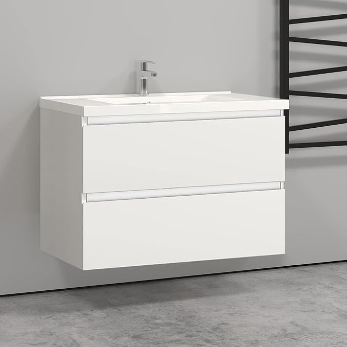 800mm White Wall Hung Bathroom Vanity Unit with Basin Sink 2 Drawer Storage