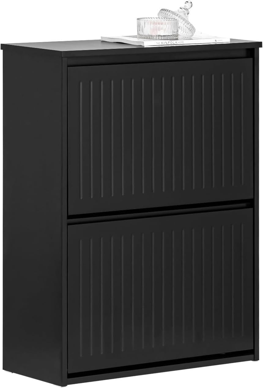 Slim Black Shoe Storage Cabinet – 2 Flip Drawers, Narrow Hallway Rack MDF