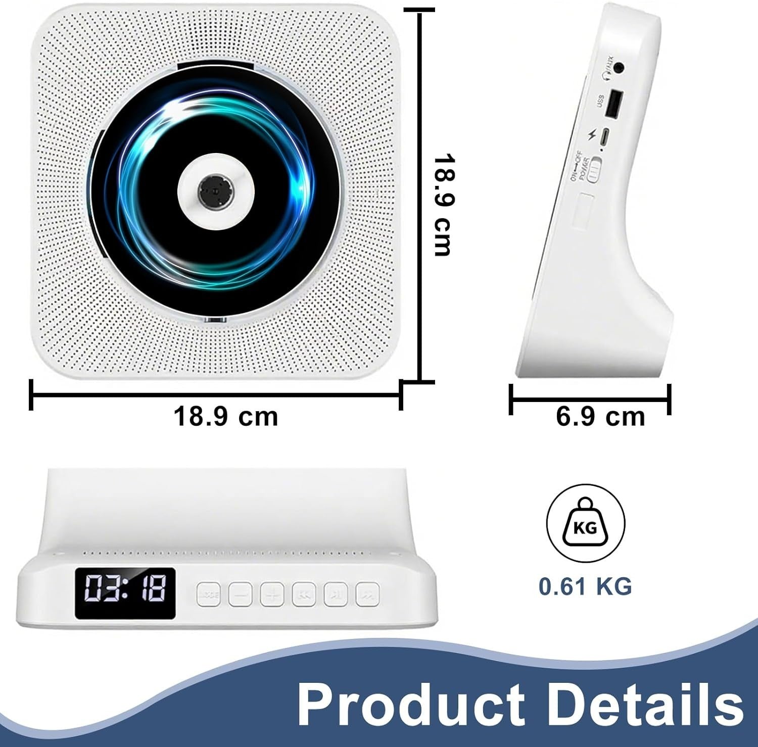 Bluetooth CD Player HiFi Speakers FM Radio USB AUX Remote White