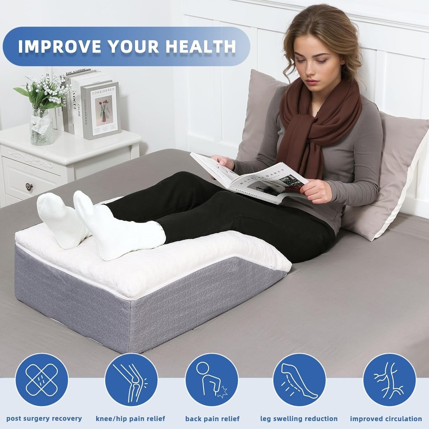 Memory Foam Leg Elevation Pillow Wedge for Knee Pain Swelling Support