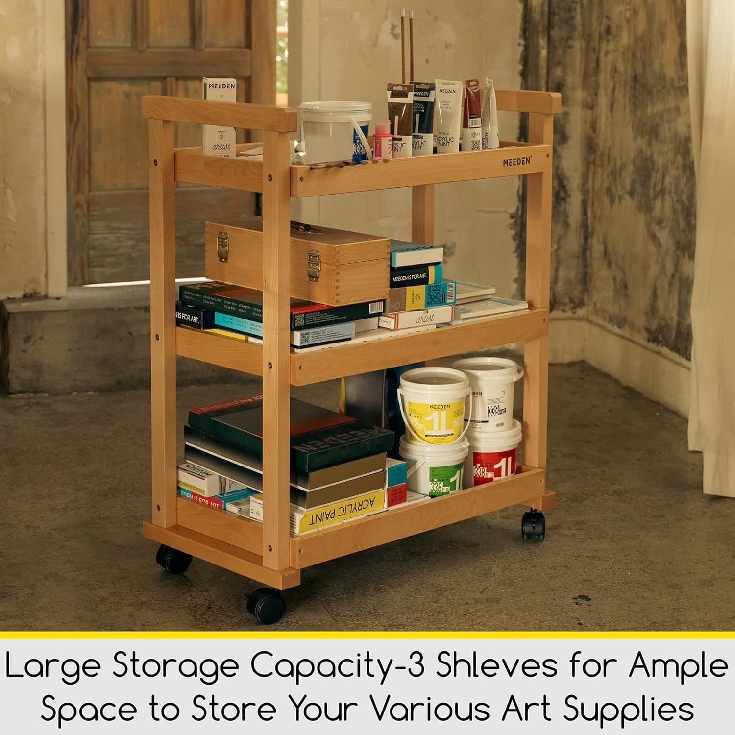3 Tier Wooden Art Storage Cart Rolling Studio Trolley with Wheels