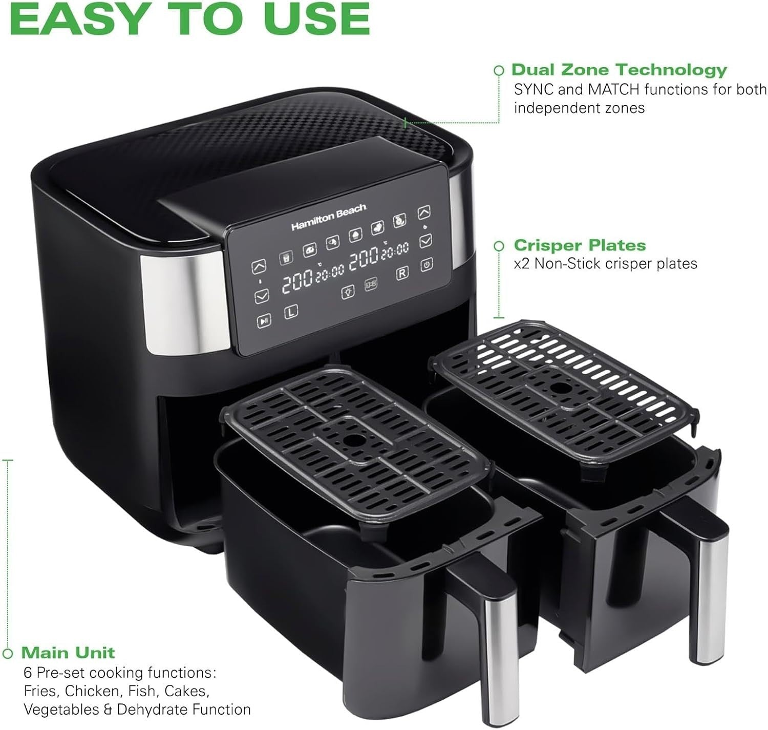 8L Dual Drawer Air Fryer Sync Finish 6 Presets 8 Portions Low Oil Fast