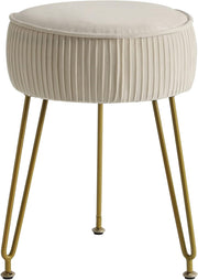 Cream Velvet Round Footrest Ottoman – Vanity Stool with Golden Steel Legs