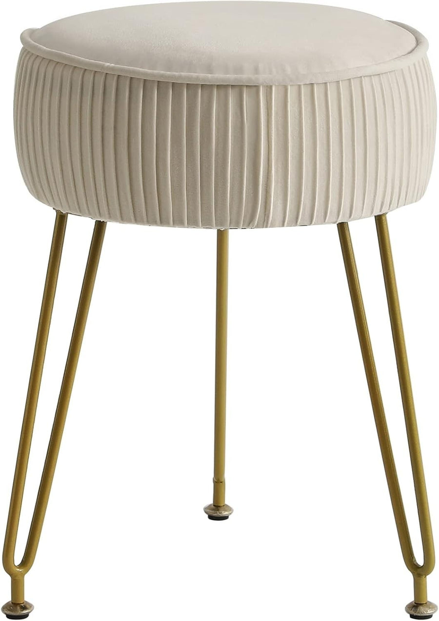 Cream Velvet Round Footrest Ottoman – Vanity Stool with Golden Steel Legs