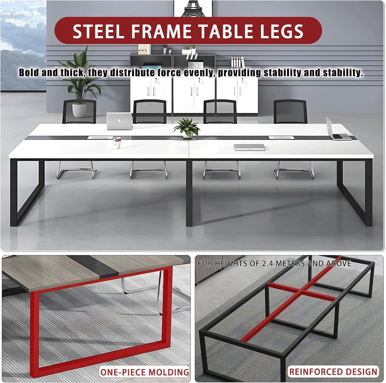 180x60cm White/Black Office Meeting Table w/ Cable Ports + Adjustable Feet
