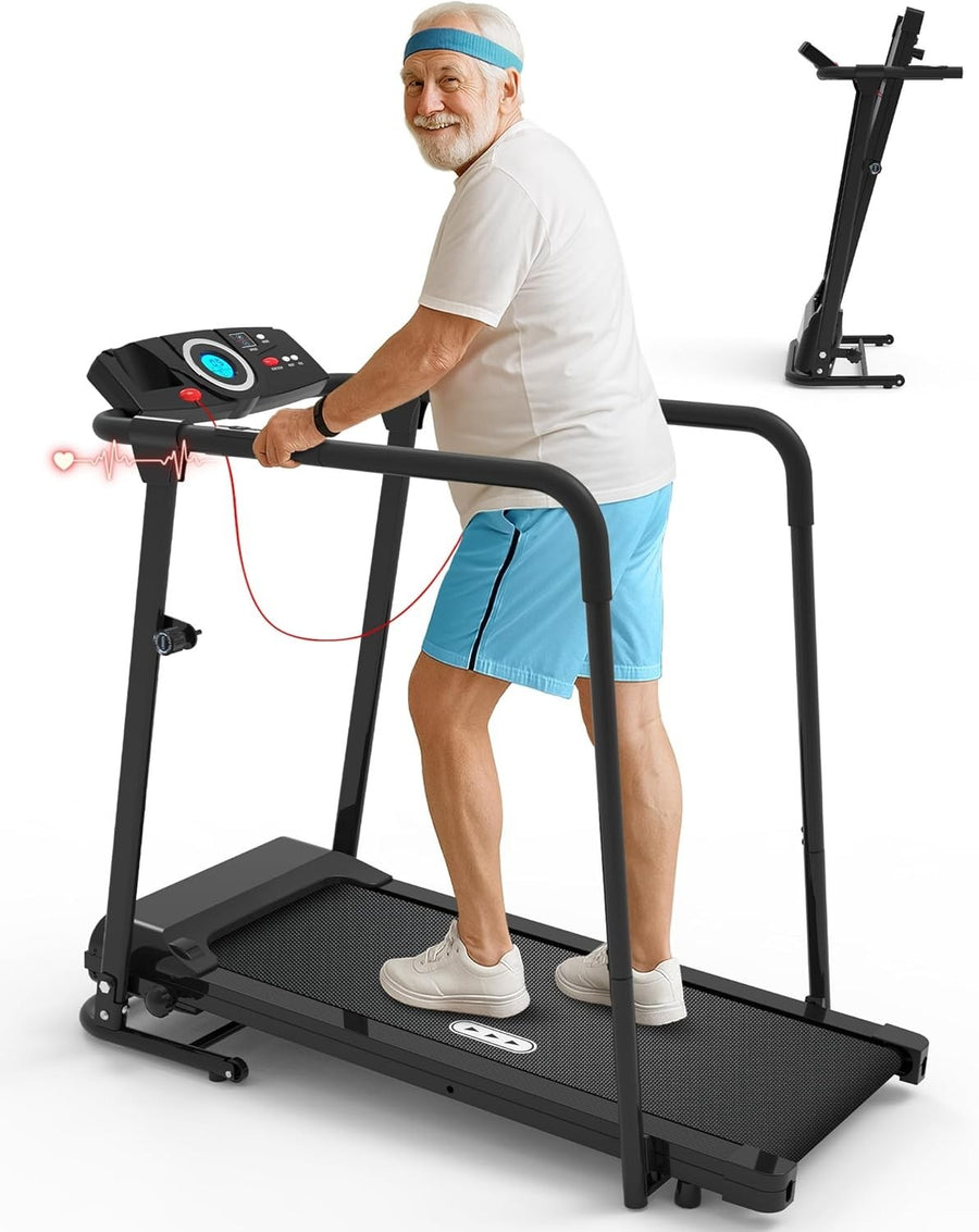 Foldable Senior Treadmill with Handrails 300lb Capacity Heart Rate Monitor