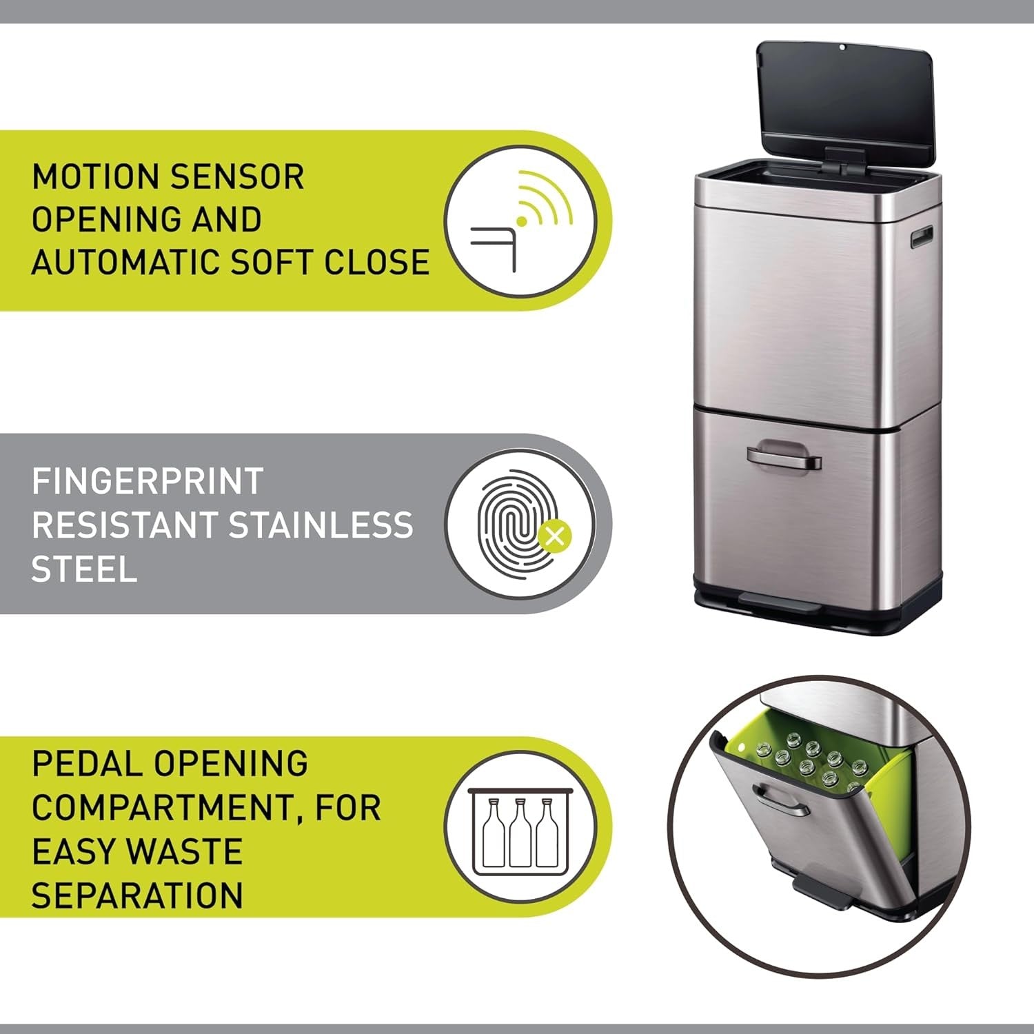 60L Dual Recycling Sensor Bin Stainless Steel 35+25L