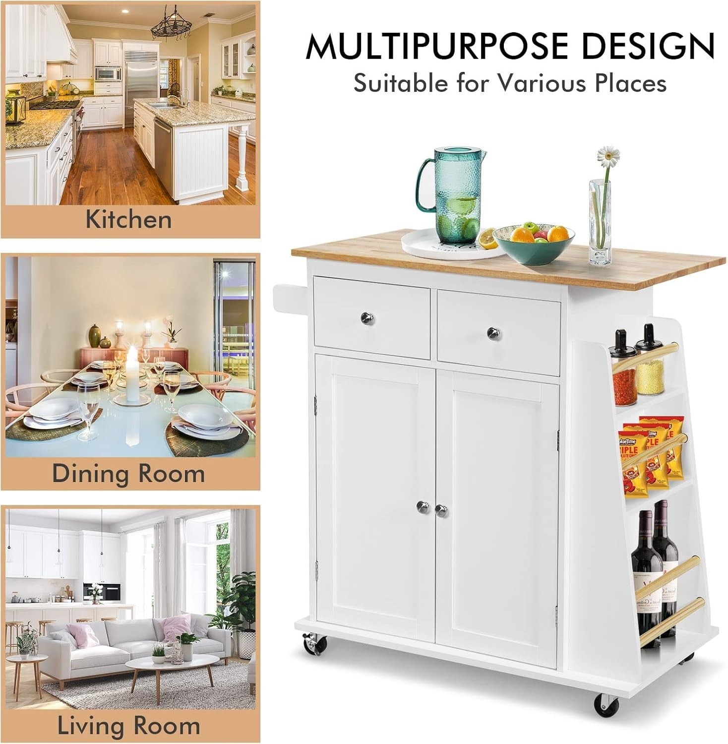 Kitchen Island Trolley with 2 Drawers & Spice Rack White 88x45x90cm