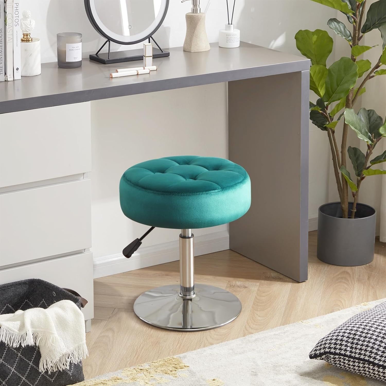 Teal Velvet Swivel Vanity Stool – Adjustable Tufted Round Makeup Chair Chrome