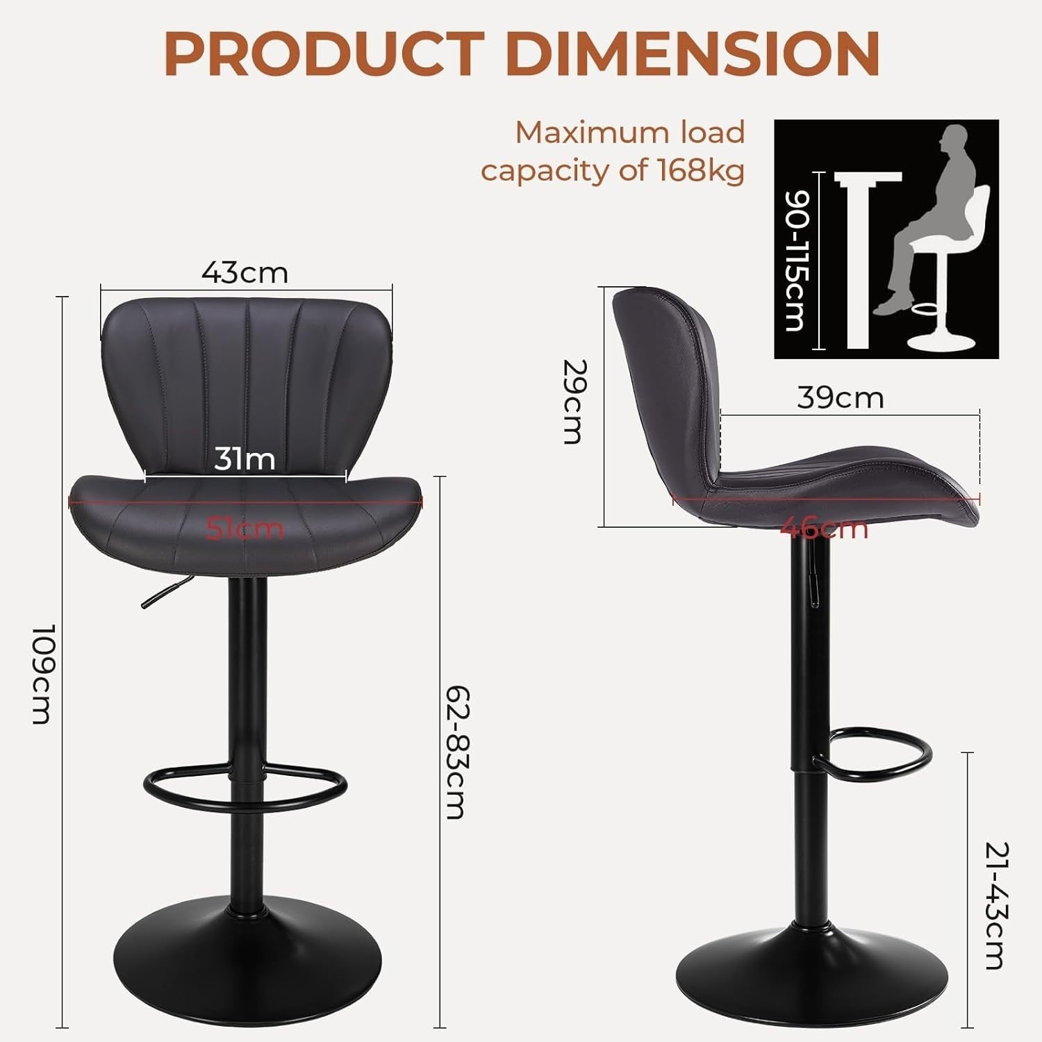Adjustable Swivel Bar Stools Set of 2 | Grey PU Leather Counter Chairs
