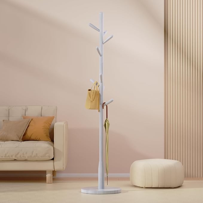 White Wood Coat Rack 8 Hooks Round Base Freestanding Hall Tree Stand