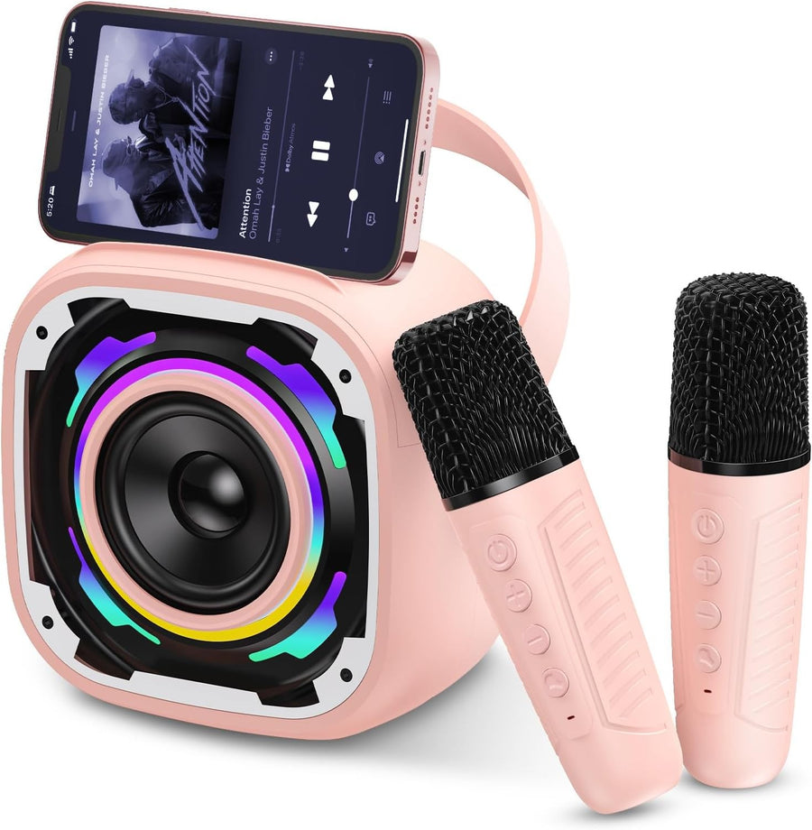 Kids Mini Karaoke Machine 2 Mics Bluetooth LED Speaker