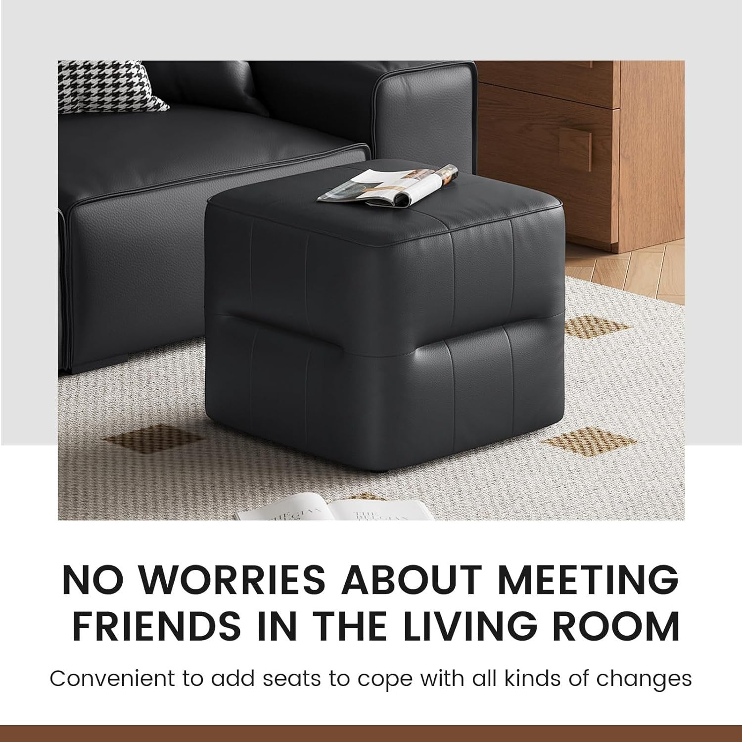Black PU Leather Square Vanity Stool – Modern Low Footrest Ottoman