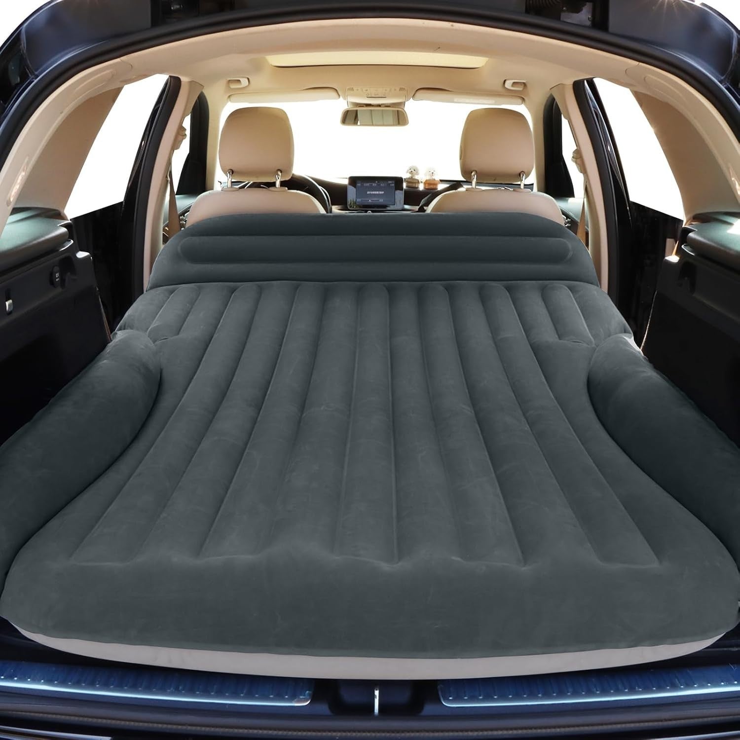 Inflatable Car Air Mattress with Built-In Pillow, Double-Sided Flocked Bed