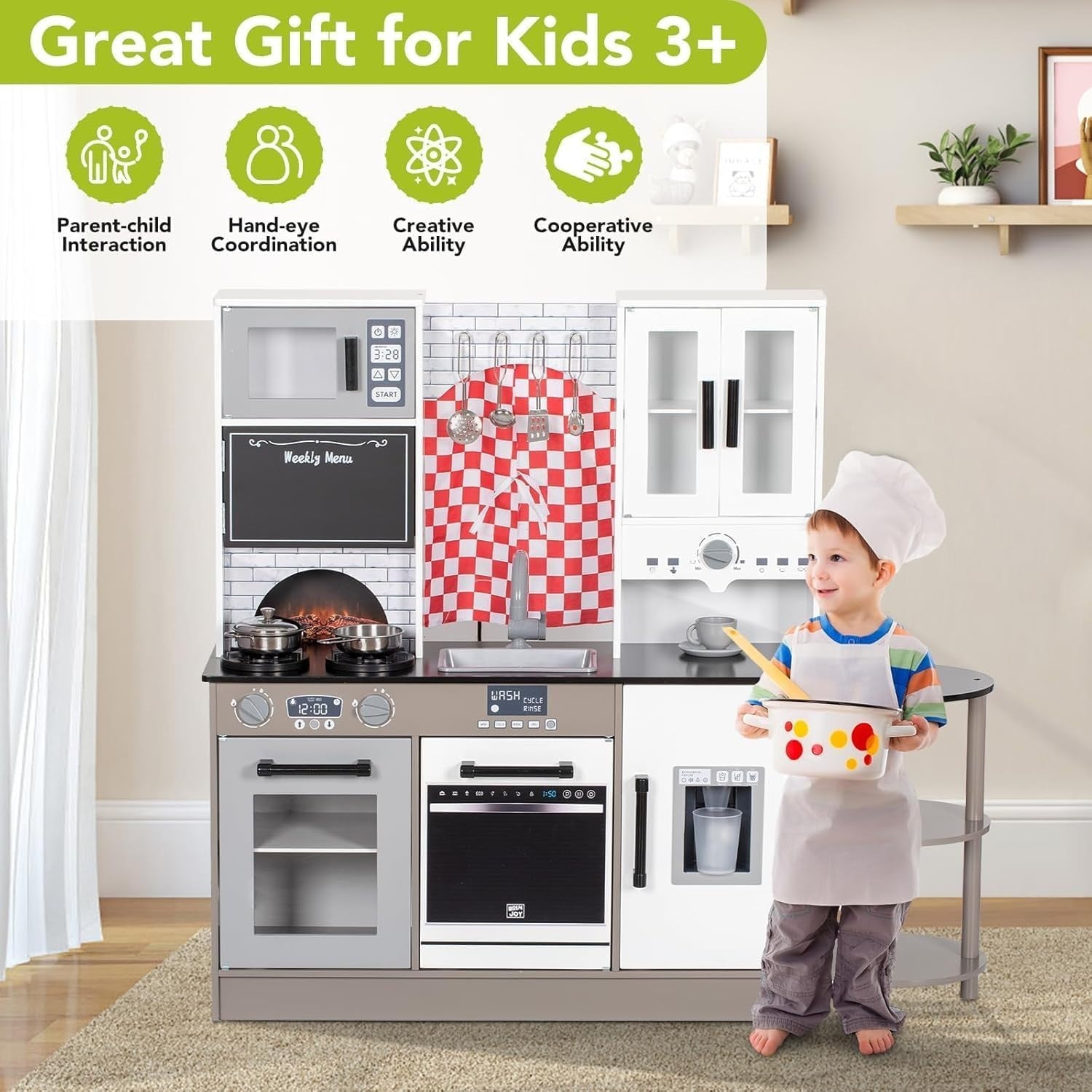 Wooden Kids Play Kitchen White Ice Maker Coffee Machine Toy Set