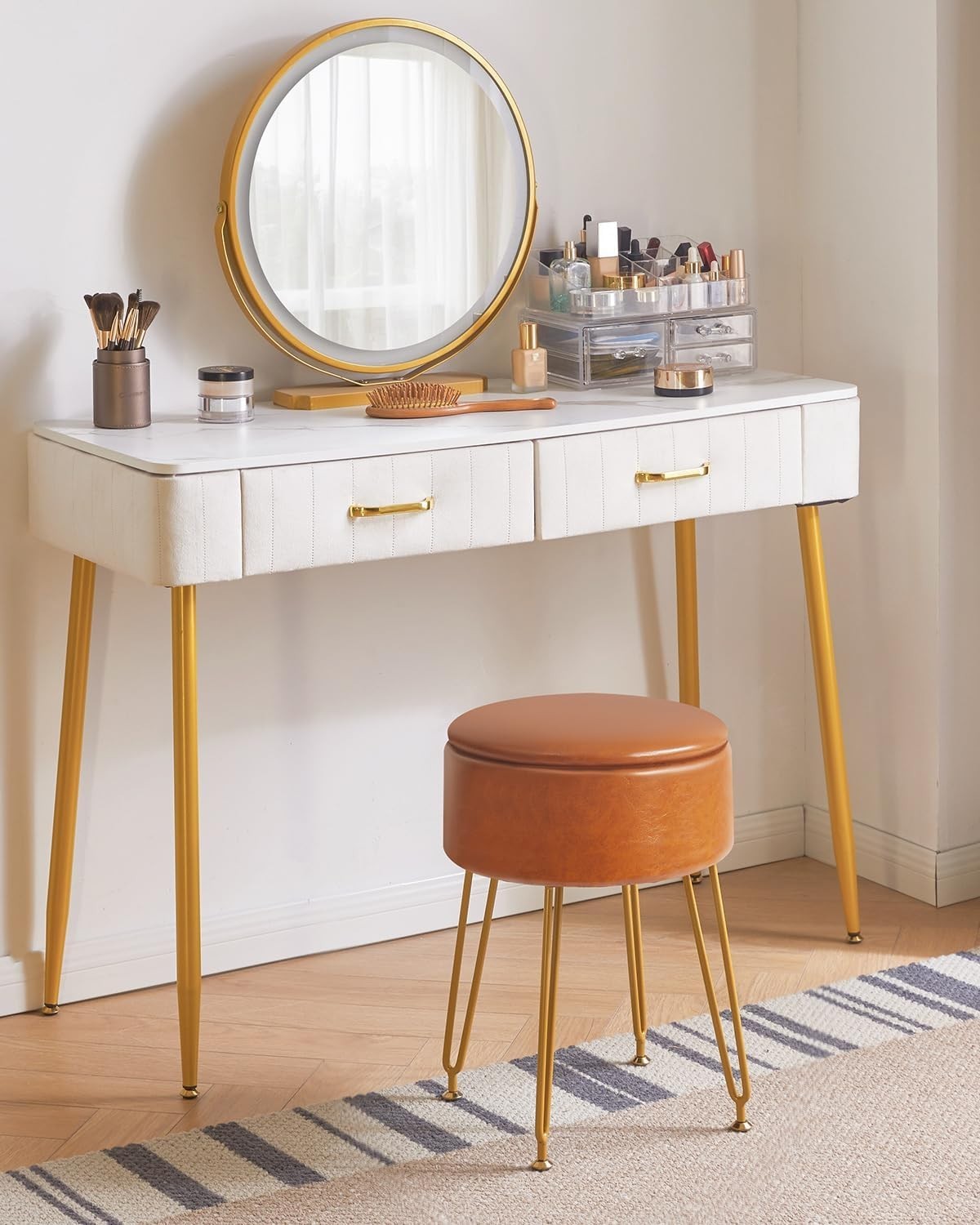 Light Brown PU Leather Round Storage Stool – Vanity Seat w/ Gold Metal Legs