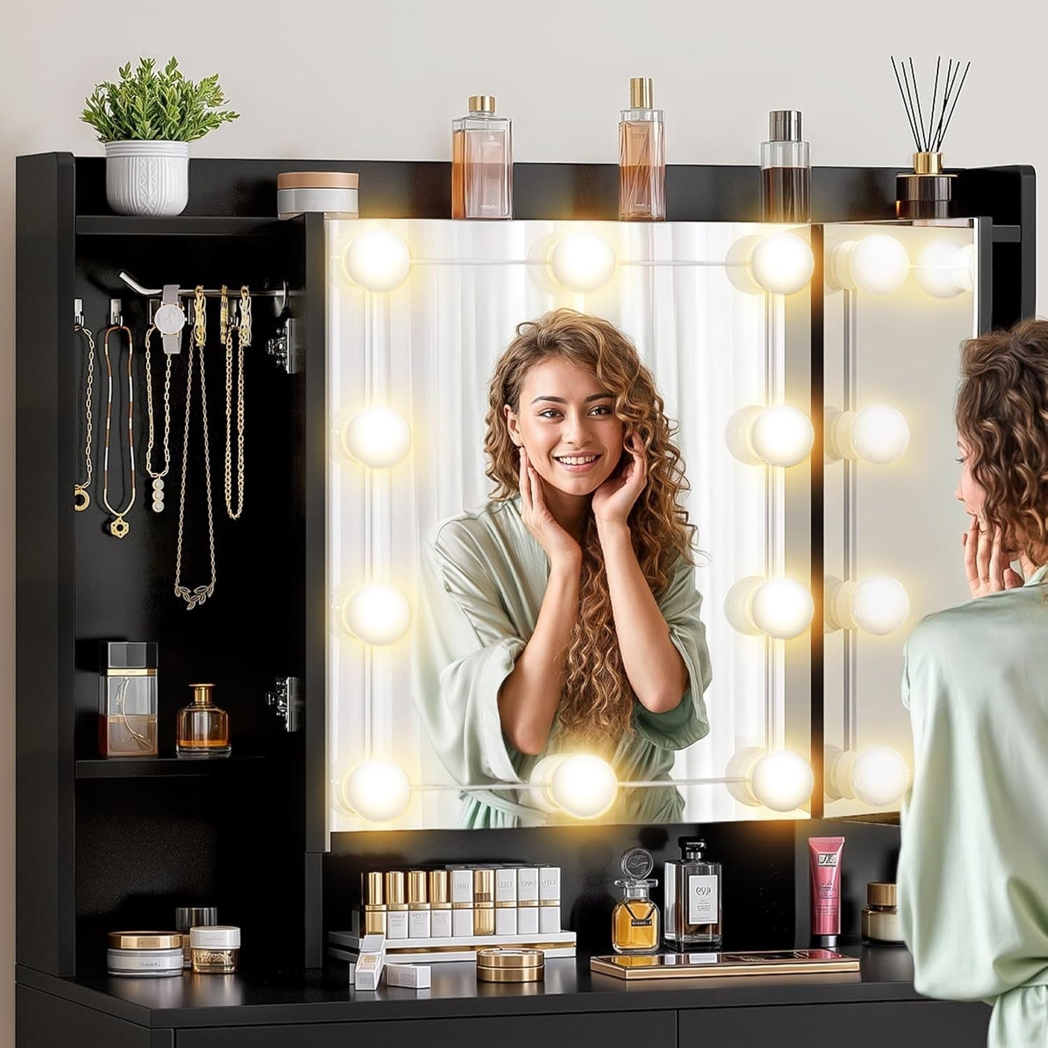 Black Dressing Table Vanity Set with 3 Mirrors, 9 LED Lights, 2 Drawers Storage