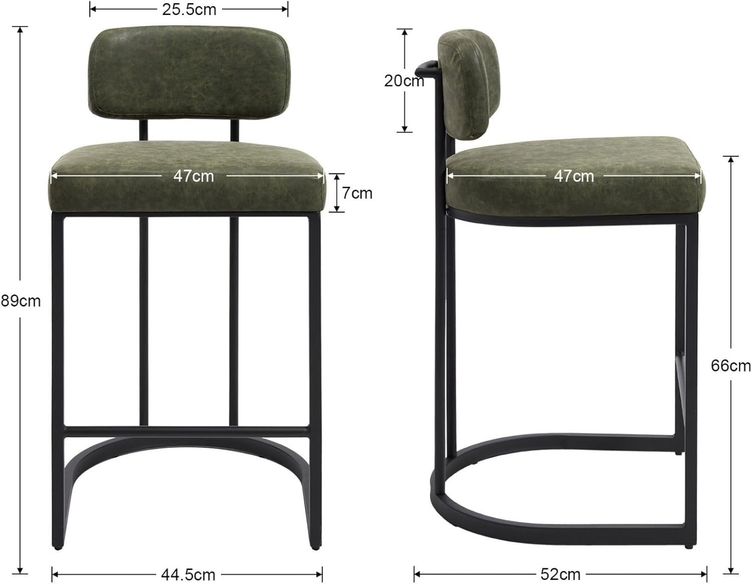 PU Leather Bar Stools Set of 2 Green Modern Counter Height Chairs
