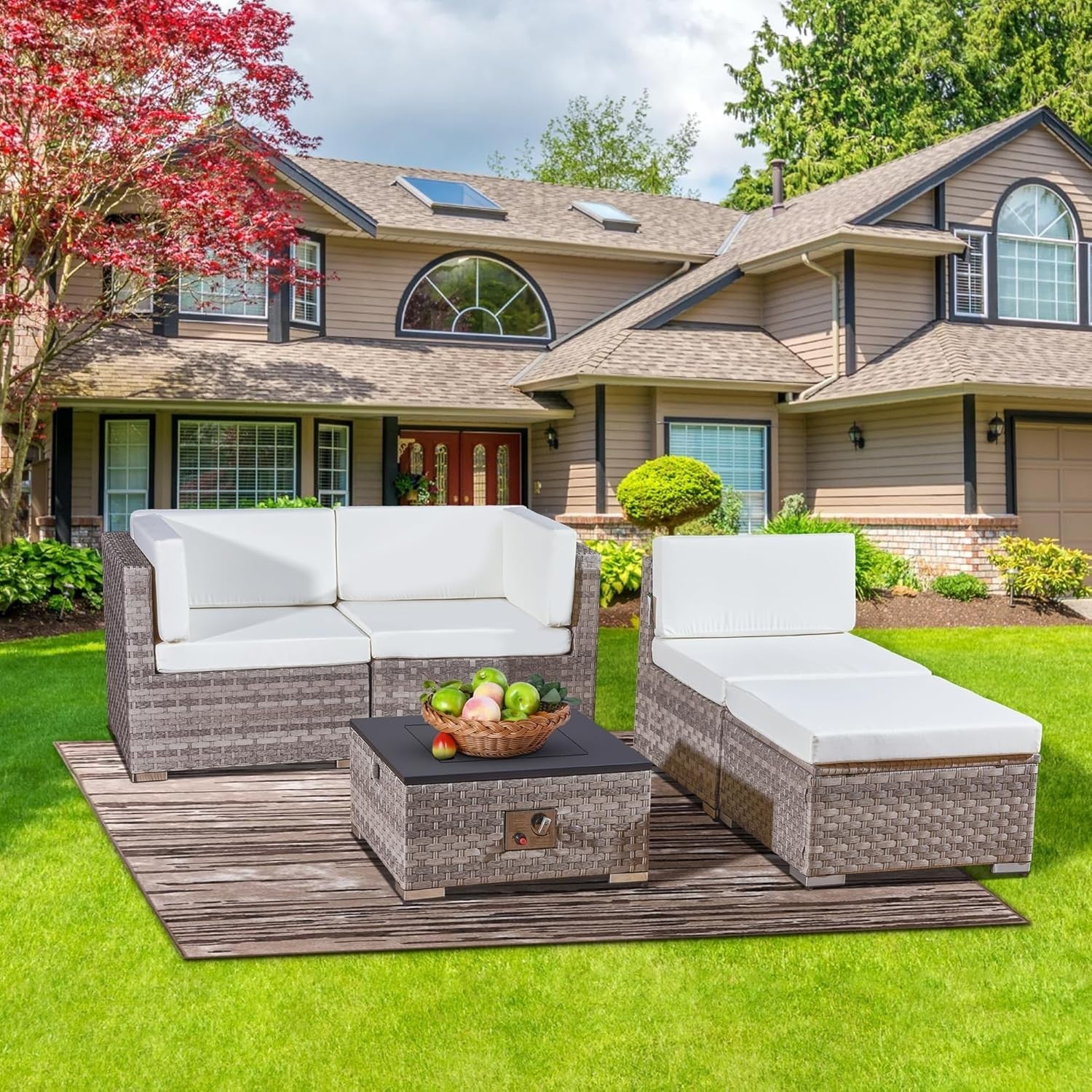 4-Piece Outdoor Rattan Sofa Set with Fire Pit Table Patio Garden Furniture Grey