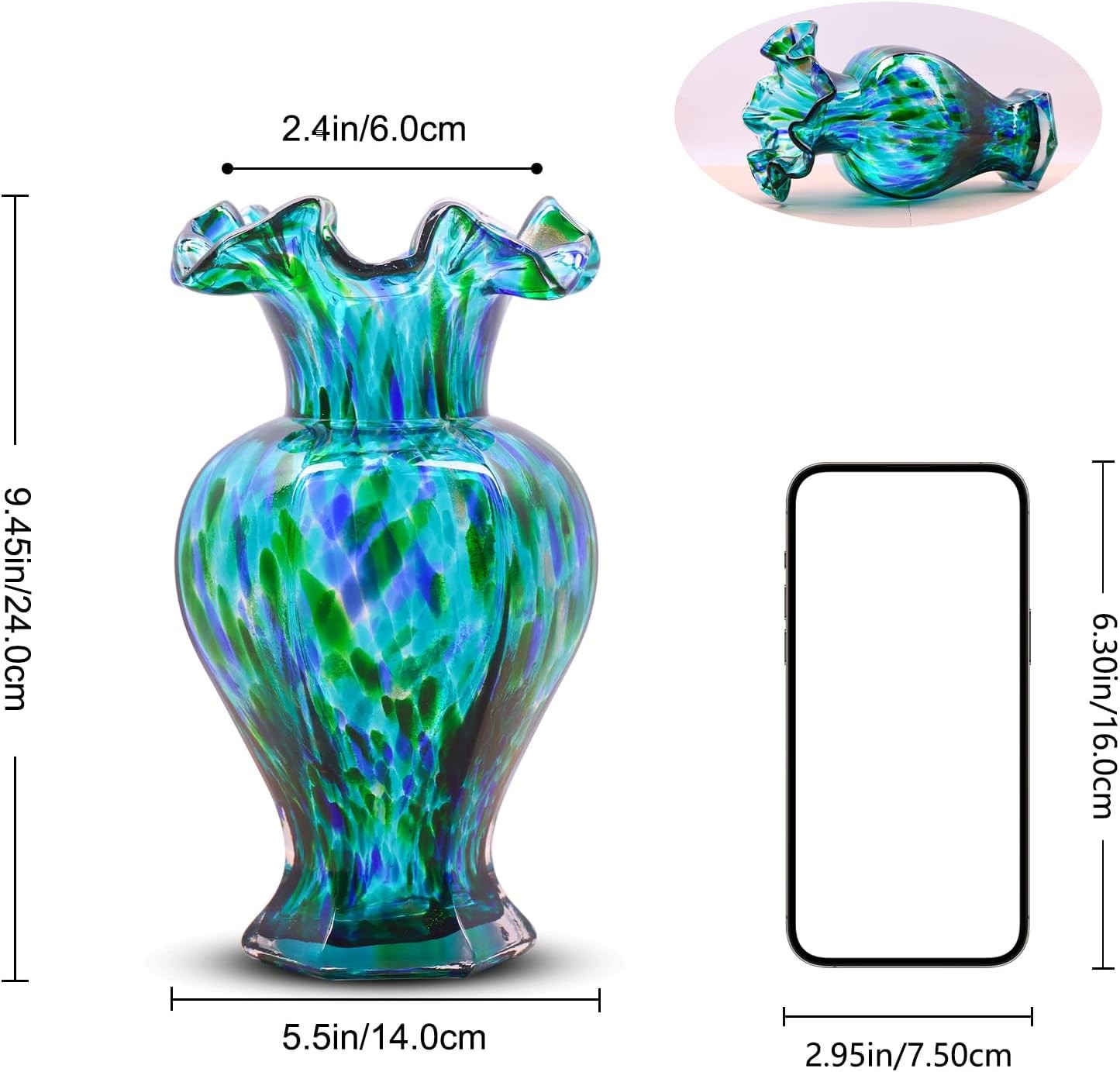 Hand Blown Teal Blue Glass Vase 24cm Tall Art Centerpiece Table Decor