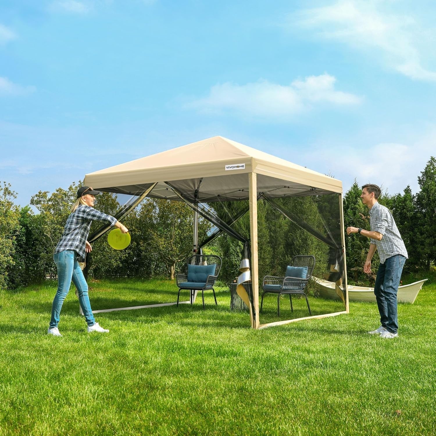 2.4x2.4M Beige Pop Up Gazebo With Mosquito Net Waterproof Outdoor Party Tent
