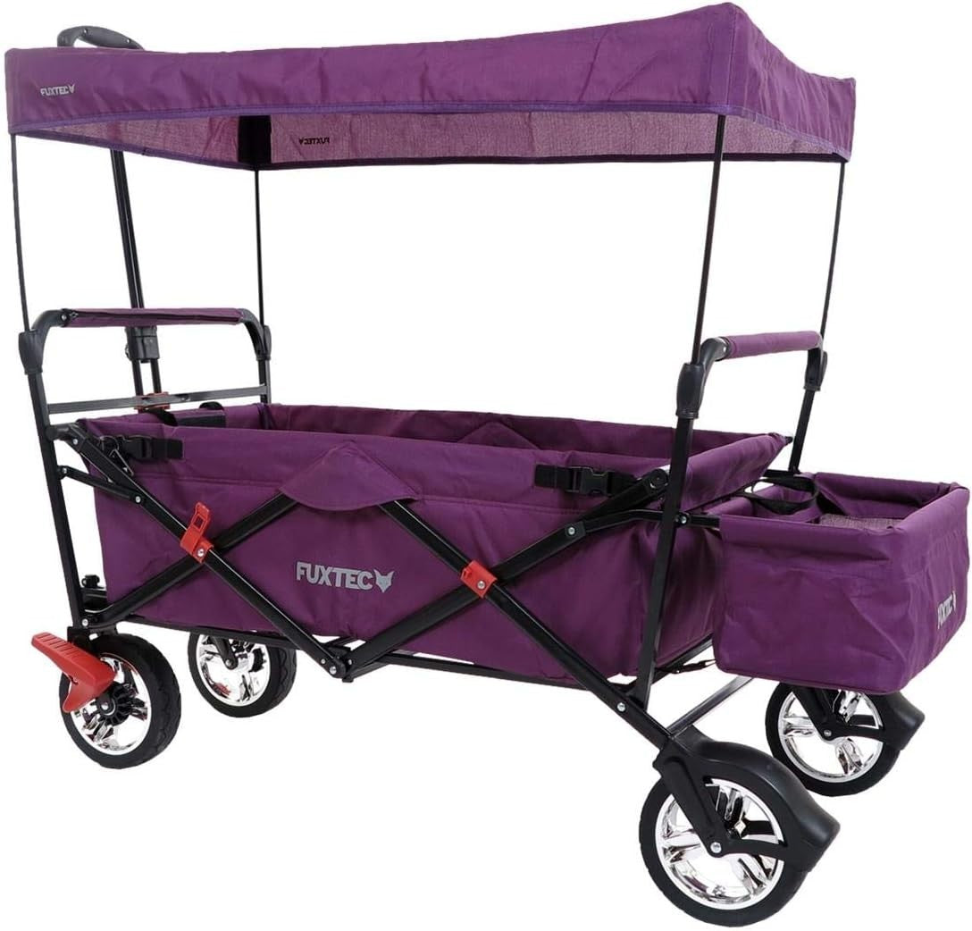 Purple Kids Folding Wagon Push Pull Stroller Cart w/ Canopy & Storage Bag
