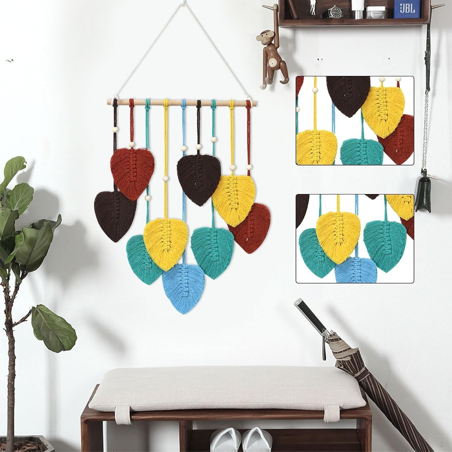 Colourful Boho Macrame Leaf Wall Hanging 40x80cm Cotton Tapestry