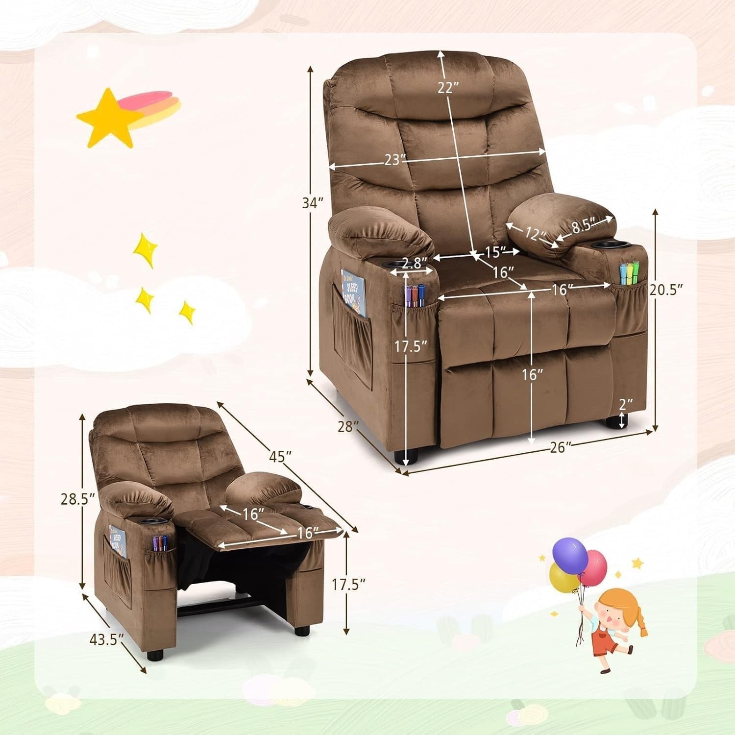 Adjustable Kids Recliner Chair Brown w/ Footrest, Velvet, Cup Holders & Storage