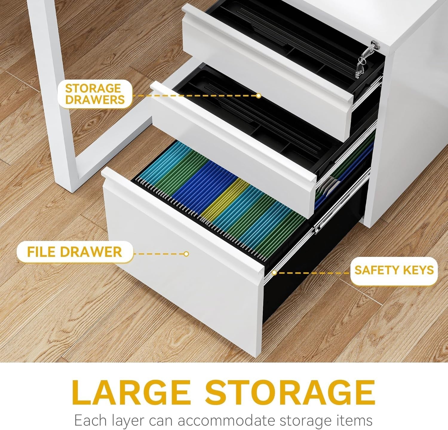 White Locking Metal File Cabinet 3 Drawer Rolling Under Desk Storage