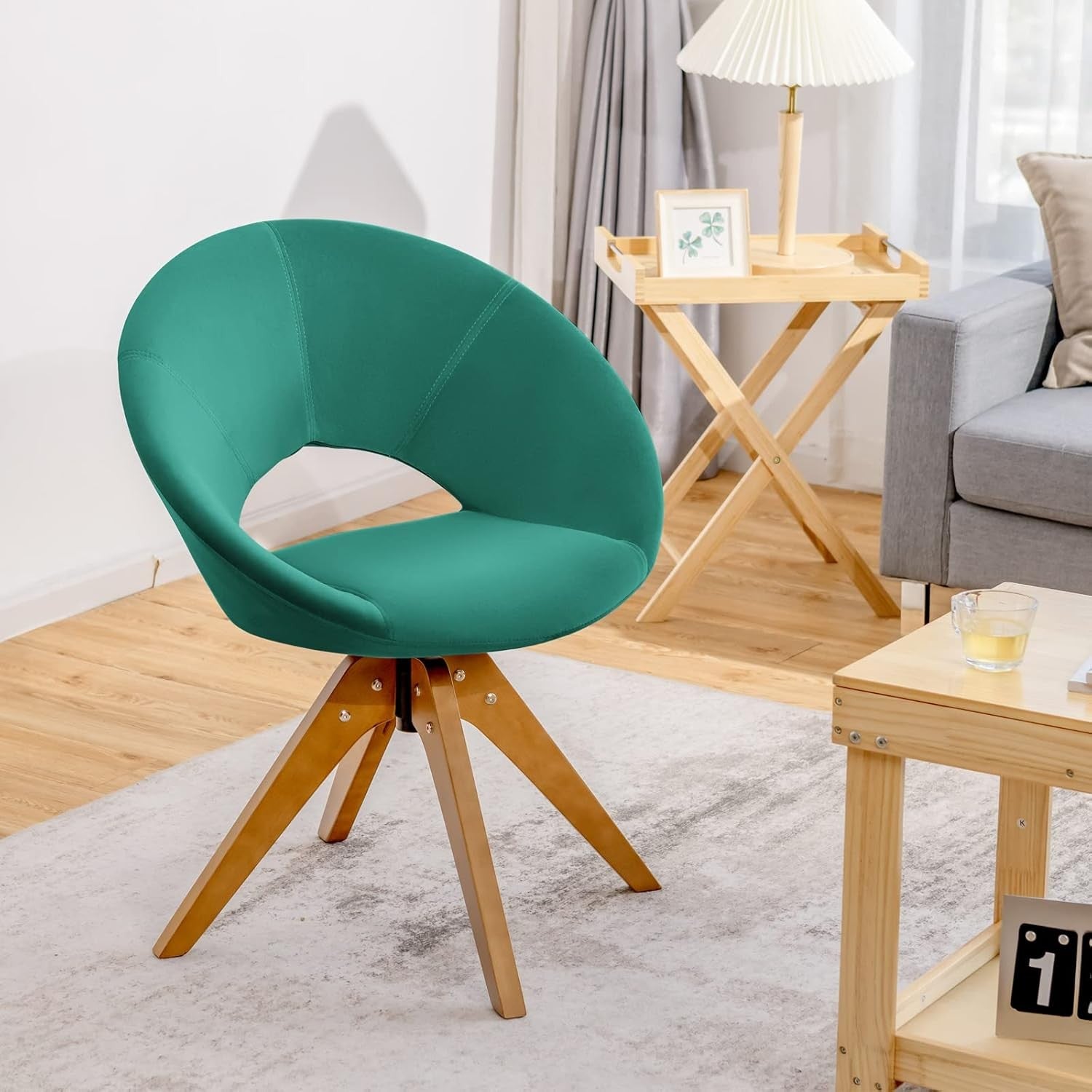 Green Velvet Swivel Accent Chair 360° Tub Armchair Beech Legs