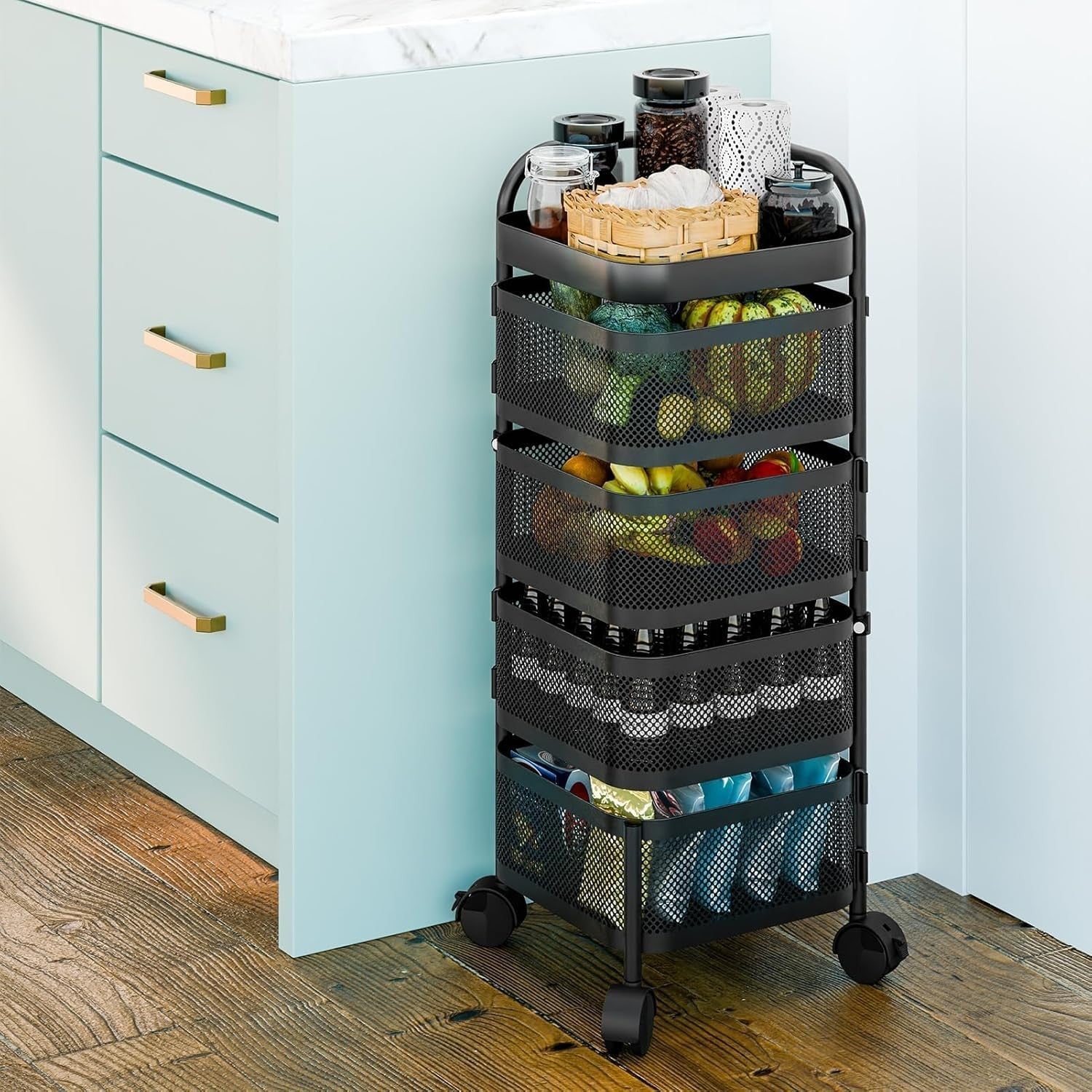 4 Tier Rotating Storage Trolley on Wheels Kitchen Bathroom Basket Rack Black