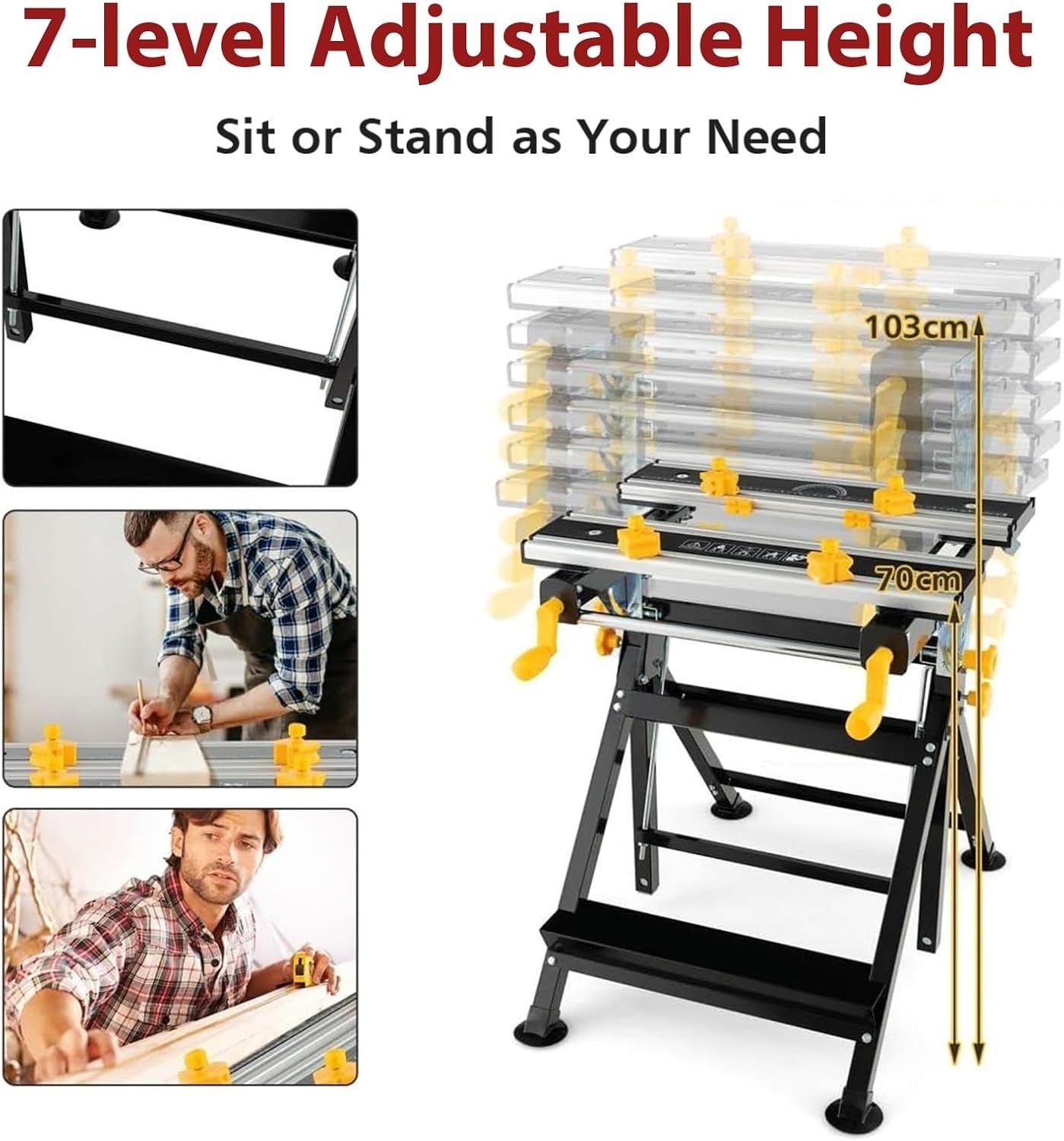 Adjustable Folding Workbench Black 7-Height Tilt Table Sawhorse Clamp Station